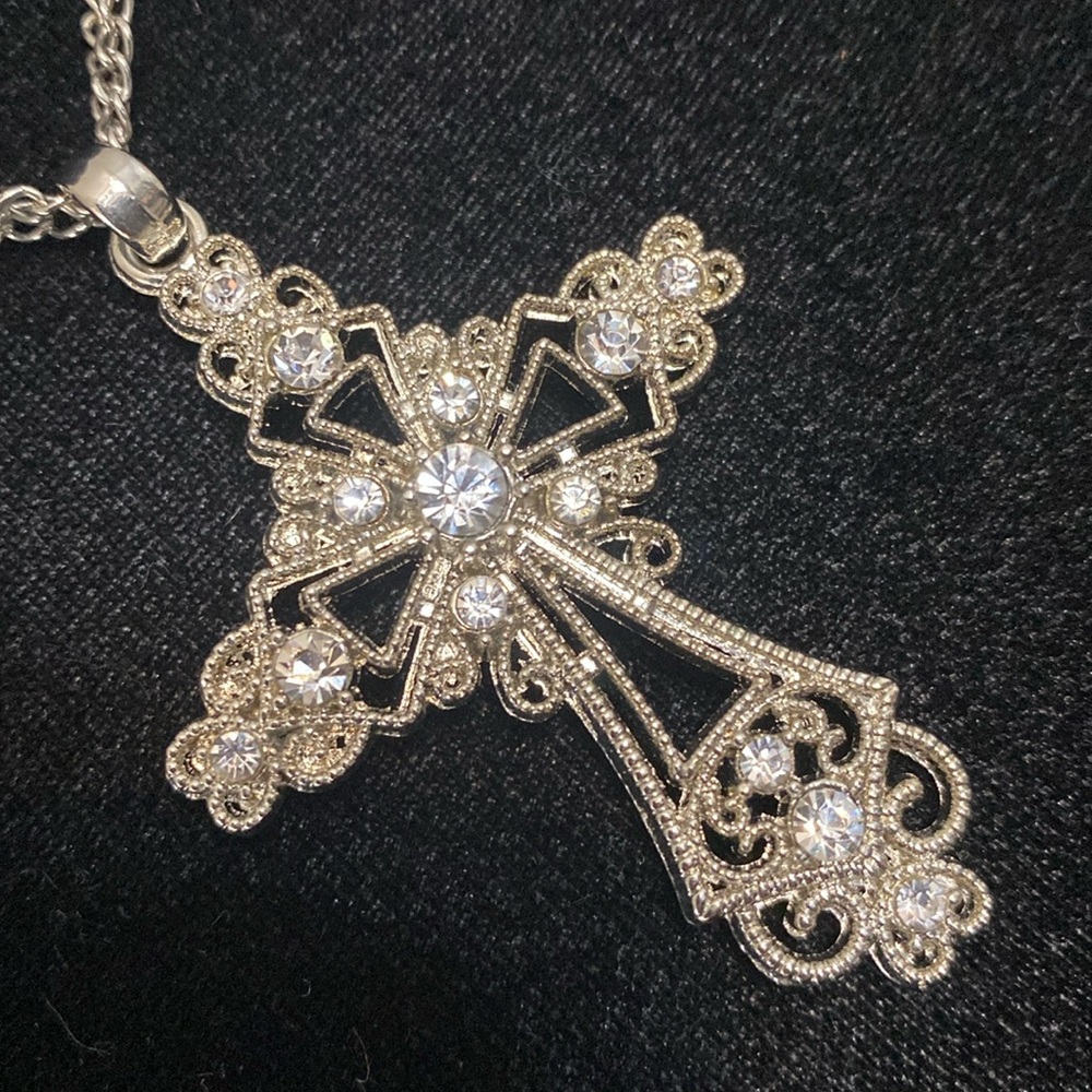 Vintage Silver Double necklace with Cross rhinestones pendant & Silver hoops - Picture 6 of 12